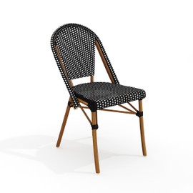 Martha Stewart Lily Pond Indoor-Outdoor Stackable Aluminum Bistro Chair with Natural Woodgrain Frame Finish and Black/White Woven Rattan Backrest and Seat