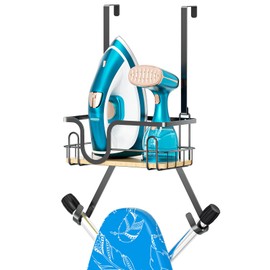 XILIMEN Ironing Board Holder Wall Mount, Over The Door Ironing Board Hanger with Storage Basket, Iron Holder for Hotel Rooms, Home Laundry Rooms, Utility Rooms, Closets, Black