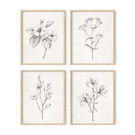 HAUS AND HUES Grey Floral Wall Art - Set of 4 Plant Posters for Wall Vintage, Botanical Prints, Black and White Flower Pictures for Room Aesthetic, Farmhouse Bathroom, Rustic Art (Beige Frame, 8x10)