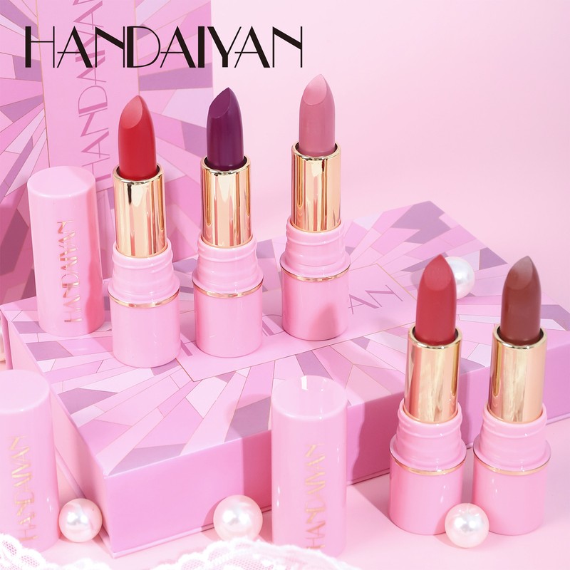 HANDAIYAN 5pcs Matte Lipstick Set Waterproof Long Lasting Non-stick Cup