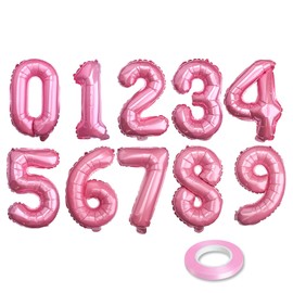 [10] 16" Number Pink Foil Balloons 0-9 set, Mylar Aluminum Hanging Numbers for Valentine's day Romance Mother's day Wedding Graduation Birthday Party Decorations Christmas New Year eve (10 Pcs)
