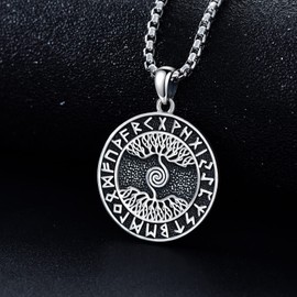 Viking Pendant Necklace with Tree of Life 925 Sterling Silver Tree of Life Chain Viking Runes Amulet Chain Nordic Viking Jewellery Gifts for Men Women, Sterling Silver, Yggdrasil