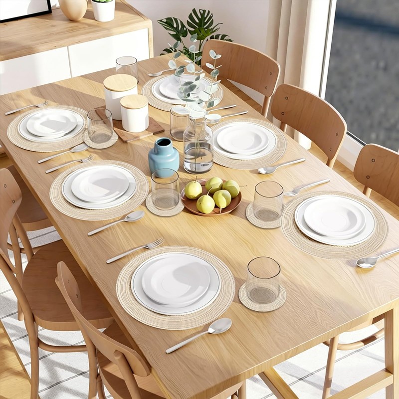 Aiyraa 6-Piece Round Table Placemats & Coaster Set Beige, Cotton