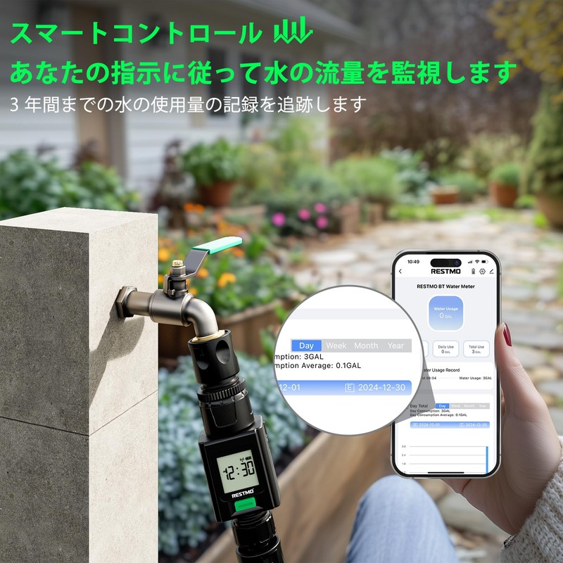 RESTMO スマート水流量計、180°アダプティブガーデンホースタップメーター、屋外ガーデンホース散水、RVタンクの給水、芝生スプリンクラー、ノズルのガロン/リットル消費量と流量を測定