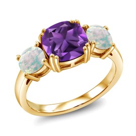 Gem Stone King 18K Yellow Gold Plated Silver Purple Amethyst and Simulated White Opal 3 Stone Engagement Ring For Women (3.10 Cttw, Gemstone Birthstone, Cushion 8MM, Available in Size 5,6,7,8,9)
