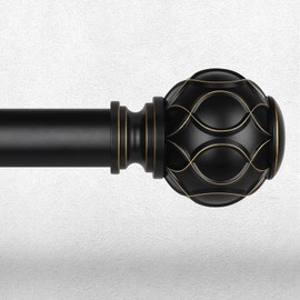 Black Curtain Rod, Heavy Duty 1 Inch Decorative Curtain Rods for Windows 48 to 84 Inch, Single-Side Adjustable Vintage Rustic Matte Black Drapery Pole Set with Boho Netted Texture Finials