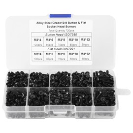 Screw Kit, 720 Pieces M3 x 4/6/8/10/12 Black Steel Flat Head Allen Screws Machine Screws Widely Used in the Household and Office Equipment and Machinery Industry
