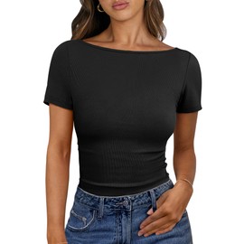 ANRABESS Women Boat Neck Tops Short Sleeve T-Shirts Ribbed Knit Tight Fitted Basic Tees Shirts 2025 Summer Clothes Black Large