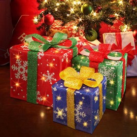 3 Pcs Christmas Lighted Gift Boxes Decorations with Bows, 50 LED Red Green Blue Snowflake Present Boxes, Christmas Tree Skirt Ornament for Indoor Outdoor Holiday Party Xmas Home Yard Art Décor