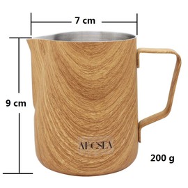 Abcsea 1 x Milk Foam Jug, Pitcher Jug, Stainless Steel, Foam Cup for Coffee and Latte Art, Foaming Milk, Wood Colour 350 ml/12 oz