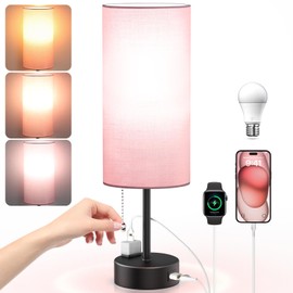 CNXIN Small Pink Bedside Lamp with 3 Color Temperatures, Pull Chain Nightstand Table Lamp with USB Port Outlet for Kids Bedroom Guestroom Livingroom Dorm,1 Pack