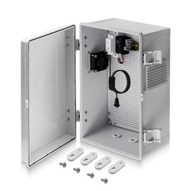 Outdoor Electrical Box with Thermostat and Fan, 15.7"x11.8"x6.2" Ventilated ABS Enclosure, Weatherproof & Dustproof, Cable Grommets, Indoor/Outdoor Junction Box with Mounting Panel (Grey Cover)