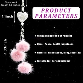Dickno Bling Car Hanging Ornament, Cute Love Heart and Pink Plush Ball Rear View Mirror Pendant for Women Girls, Crystal Auto Rearview Mirror Charm Decor Accessories for All Vehicles (Pink)