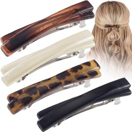 Yeomju 4 Pieces Hair Clips for Women, Small Tortoiseshell Hair Clip, Curved Shiny Thin Hair Clip Flat Hair Accessories for Women (Black, White, Leopard Pattern, Amber)