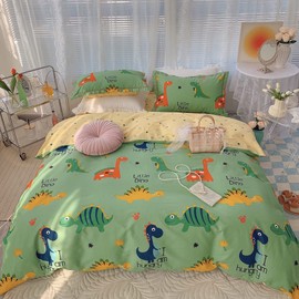 GETIYA Dino Bed Linen 135 x 200 cm Boys Children's Bed Linen Dinosaur 100% Cotton Duvet Cover Dino Pattern Reversible Bedding with Zip Girls Bed Linen with Pillowcase 80 x 80 cm
