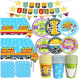 Toy Inspired Story Birthday Party Supplies 2nd Birthday 134pcs Two Infinity and Beyond Birthday Decorations include Plates Napkins Cups Tablecloth Banner Garland for Boys Bday Decor, Serve 30 Guests