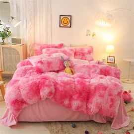 Gusuhome Faux Fur Plush Comforter Set Full/Queen Tie Dye Pink White Shaggy Fluffy Fuzzy Comforter Luxury Ultra Soft Microfiber Bedding Set 3 Pieces (Comforter x 1 Pillowcases x 2) …
