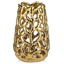 Oairse Gold Vases for Centerpieces, Coral Openwork Ceramic Flower Vase 9" Hollowed Decorative Pampas Grass Vase Gold Table Decor for Home Living Room Dinner Room Bedroom Office Wedding