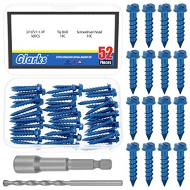 Glarks 52pcs 3/16 x 1-1/4 Inch Slotted Hex Washhead Concrete Screws Anchor Set, Blue Heavy Duty Cement Screws with Drill Bits and Driver Bushes for Anchoring to Masonry, Stucco