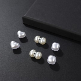 JewelryWe Pearl Magnetic Earrings for Women, 3 Pairs Heart Square Round White Faux Pearl Magnetic Stud Earrings Magnetic Earrings Fake Plugs Ear Clips Earrings Without Ear Hole Jewellery for Women