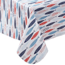 Newbridge Square Vinyl Flannel Backed Tablecloth, 52 x 52 Inch, Fish School, White Indoor/Outdoor Waterproof Table Cloth, Cape Cod Print