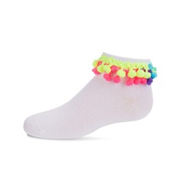 MeMoi Neon Multi Pom-Pom Cotton Blend Girls Anklet Sock White 6