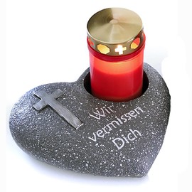 Grave Light Holder in Heart Shape for Grave Light 15 x 15 cm (Heart without Grave Light "Wir vermissen Dich")