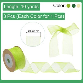 MECCANIXITY 3 Roll Sheer Organza Ribbon, Organza Ribbon 1 Inch 10 Yard Sheer Ribbon for Gift Wrapping Christmas Tree Crafts Bows Wedding Wreaths Wrap, Milk White, Light Green, Dark Green