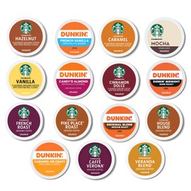 Dunkin & Starbuck Coffee Pods Variety Pack – 30 Count K-Cups Sampler with 15 Flavors – Dark, Medium, Light & Flavored Roast – Compatible with Keurig – Great Coffee Gift Box