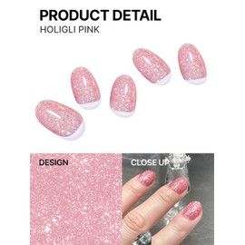 UUUUU Semi Cured Gel Nail Strips [Glitter] - 100% Real Gel, Long-Lasting & Easy to Apply & Remove, Works Any UV/LED Lamps - Spring 2025 Nail Art Stickers (Holigli Pink)