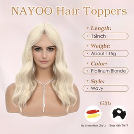 NAYOO Hair Toppers for Women with Thining Hair 16inch Wavy Blonde Hair Toppers Hairpieces for Women 6 * 5.5 Inch Large Base Synthetic Clip In Hair Topper Women's Wiglets(Platinum Blonde)
