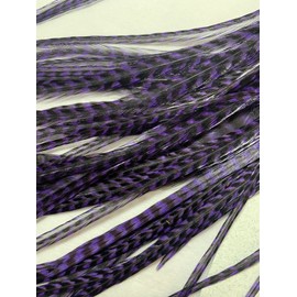 Whiting (5) Extra long Skinny PURPLE Grizzly Striped Feather Hair Extensions W/ Beads
