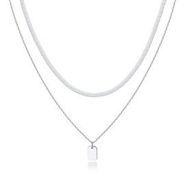 PAVOI 14K Gold Plated Layered Necklace with Dog Tag Pendant | Layering Necklaces for Women with Herringbone/Snake Chain | Trendy Pendant Necklace for Women (White Plated)