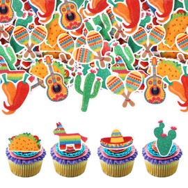 ZHUOWEISM 56 PCS Edible Mexican Fiesta Cupcake Toppers Cactus Donkey Maraca Sombrero Guitar Cupcake Picks for Mexican Fiesta Baby Shower Birthday Party Supplies