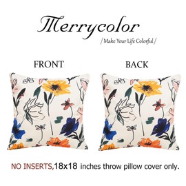 Merrycolor Outdoor Pillow Covers 18x18 Inch Set of 2 Orange Yellow Blue Floral Decorative Spring Summer Outdoor Square Waterproof Throw Pillow Covers for Patio Funiture Garden Couch JS031