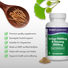Simply Supplements Ginseng & Ginkgo Biloba Tablets | Ultra High Strength Formula | Vegan & Vegetarian Friendly | Popular Supplement for Supporting Vitality and Mental Performance | 360 Tablets | Manufactured in The UK