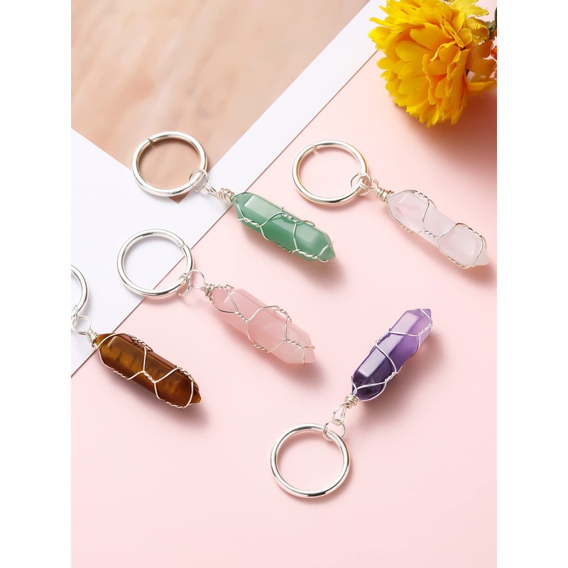 Sureio 5 Pieces Multicolor Crystals Stone Keychain Wire Wrapped Stones