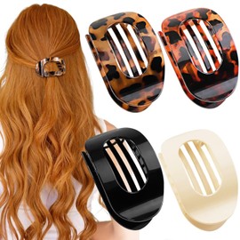 4 Pcs Flat Claw Clip for Thick Hair,Flat Hair Claw Clips,Clawclips for Women Finehair,French Design Hairclips for Lying,Driving,Matte Strong Hold Hairclaw Clips for Thin,Thick-hair(Leopard)