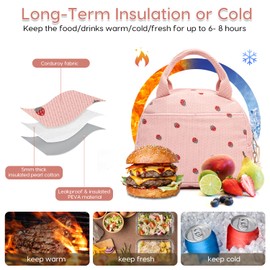 Kunoli Lunch Bags for Women, Insulated Lunch Bag, Reusable Corduroy Lunch Box Cooler Tote Bags, Leakproof Womens Lunch Bag for Work School Travel (Pink)