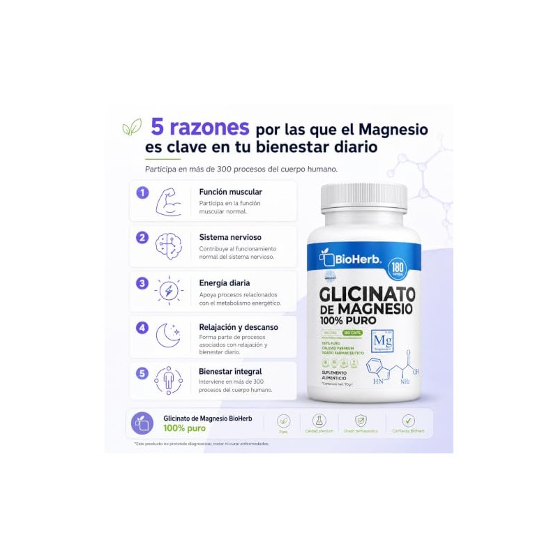 BioHerb® | Glicinato de Magnesio Quelado 500 mg con 180