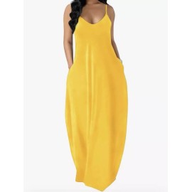 Ofeefan Women's Yellow Spaghetti Strap Maxi Dress Large