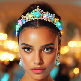 Yean Light Up Baroque Crown Rhinestone Tiara LED Gold Bridal Hair Accessories for Women (Blue Opal, One Size)