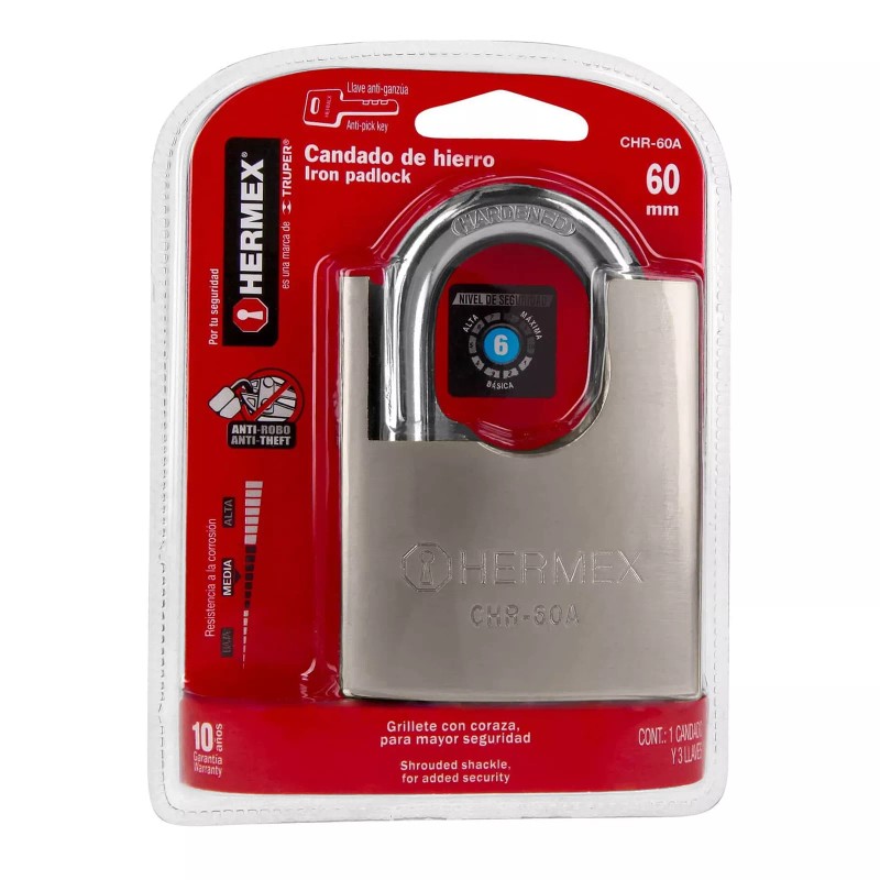 Hermex CHR-60A 60 mm iron padlock with armor, anti-pick key