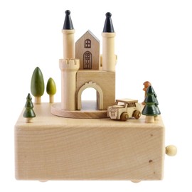 Delightful Quality Wooden Musical Box Featuring European Castle with Small, Moving Magnetic Car | Plays "Castle In The Sky" Song