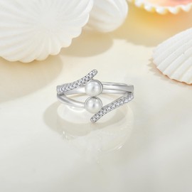 FATACI Women 925 Sterling Silver 4mm 2 Cultured Freshwater Pearl Rings with Cubic Zirconia for Her Wedding Engagement Size 9