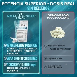Oby Magnesio Complex 5 tipos: Citrato de Magnesio, Glicinato, Treonato, Taurato, Malato y Vitamina D3 - Alta Pureza, Biodisponibilidad y Absorción. Polvo 600 g | 60 tomas 60 dias (60 Porciones, Limón)