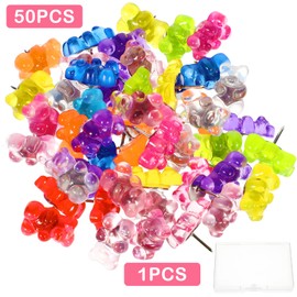 50Pcs Colorful Translucent Bear Thumb Tack Cute Resin Gummy Bear with A Box Push Pins Decorative Pushpins Translucent Thumb Tacks Bulletin Board for Home Corkboard Hanging Posters Photo