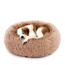 DUMOS Calming Donut Cat & Dog Bed for Medium Dogs, Machine Washable Cuddle Warming Cozy Fluffy Faux Fur Plush Round Dog Bed, Anti-Anxiety Waterproof Anti-Slip Pet Bed, Brown, 24×24×8 Inches