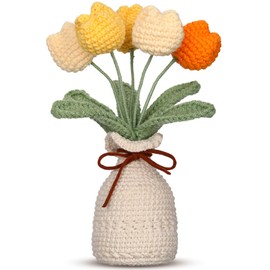 Marsui Crochet Knitting Tulip Bouquets with Vase 7.1 Inch Knitted Artificial Forever Tulip Hand Woven Flower with Exquisite Pot for Women Birthday Gifts Family Home Office Decor (Yellow)