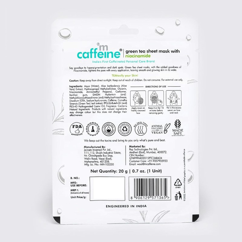 mCaffeine Green Tea Sheet Mask with Niacinamide - Hydrating Face